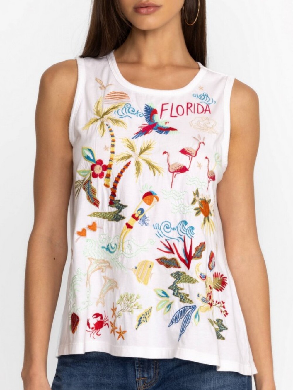 🌞NWT Johnny Was Embroidered Florida Knit White Sleeveless Tank Top Size Medium